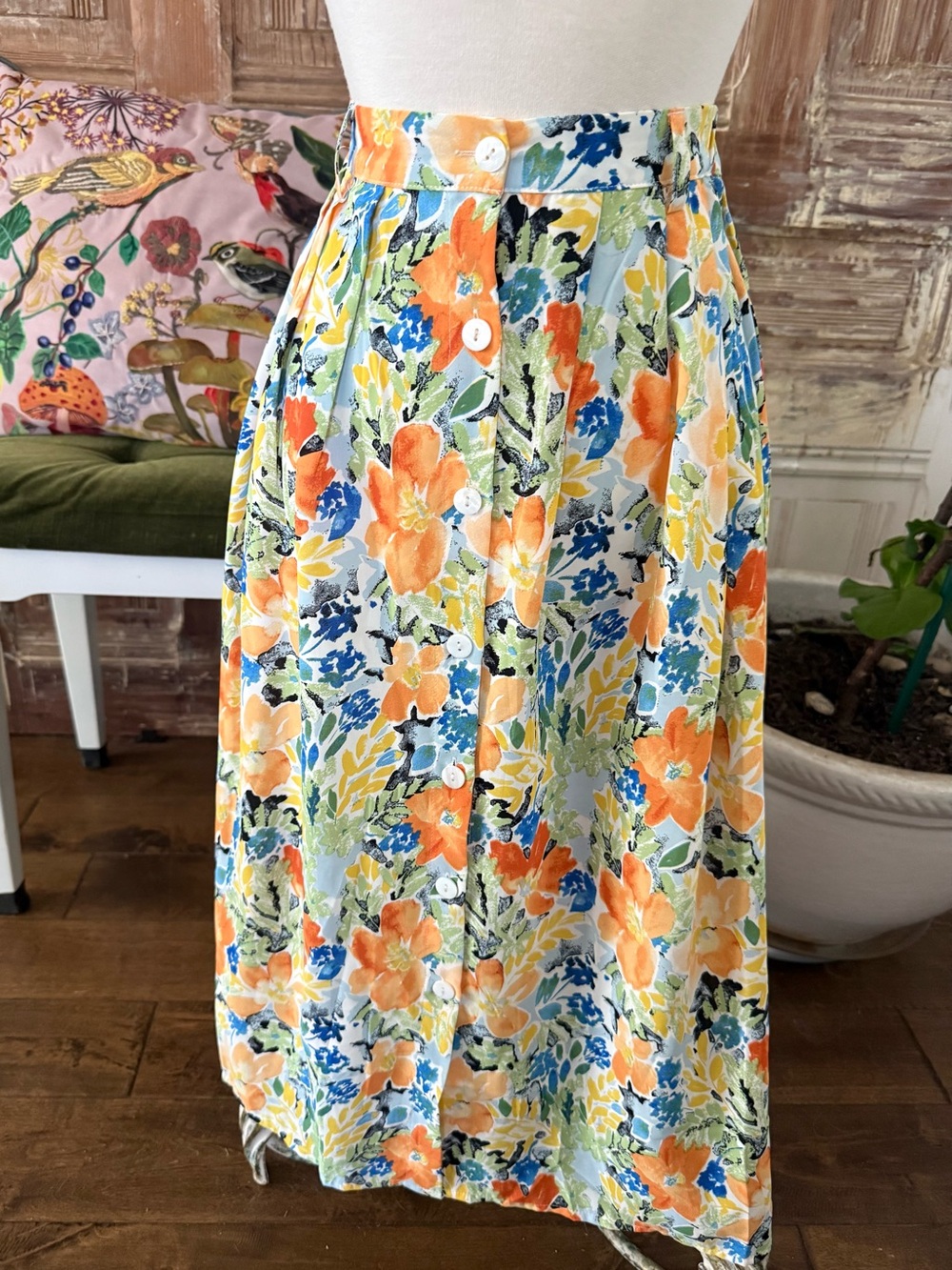 Button-Front Floral Midi Skirt in Orange & Blue